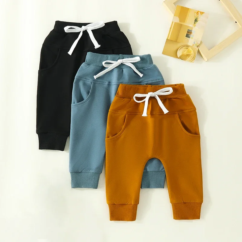 Pantalones para bebés pequeños, paquete de 3 pantalones de chándal de color sólido para otoño y primavera, pantalones para correr para bebés, color caqui, marrón y gris