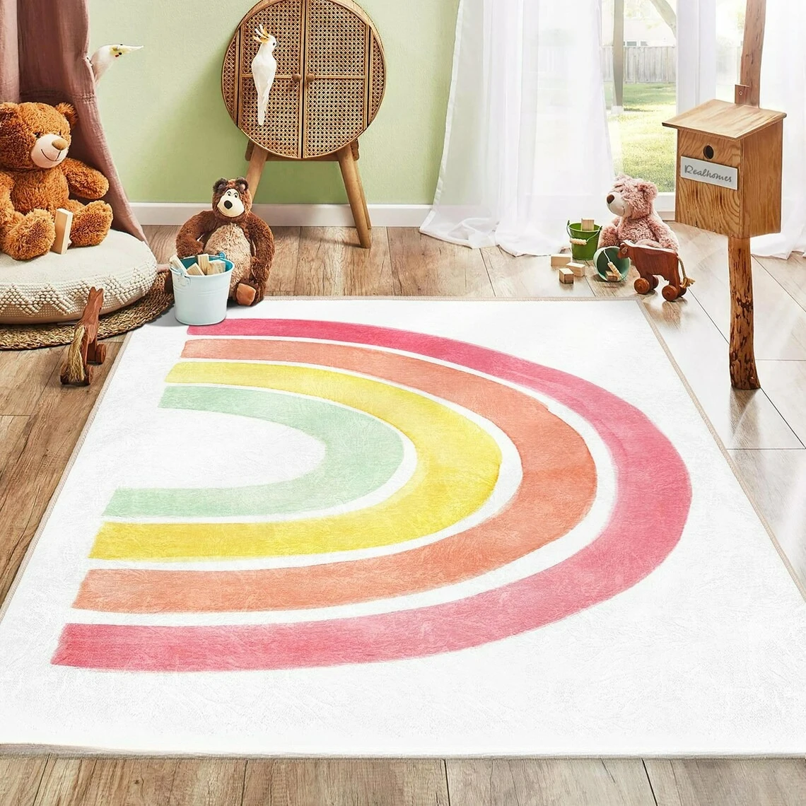 Rainbow Nursery Rug Colorful Kids Play and Reading Area Rug Washable Play Mat Boho Style Bedroom Bedside Decor Carpet NonSlip