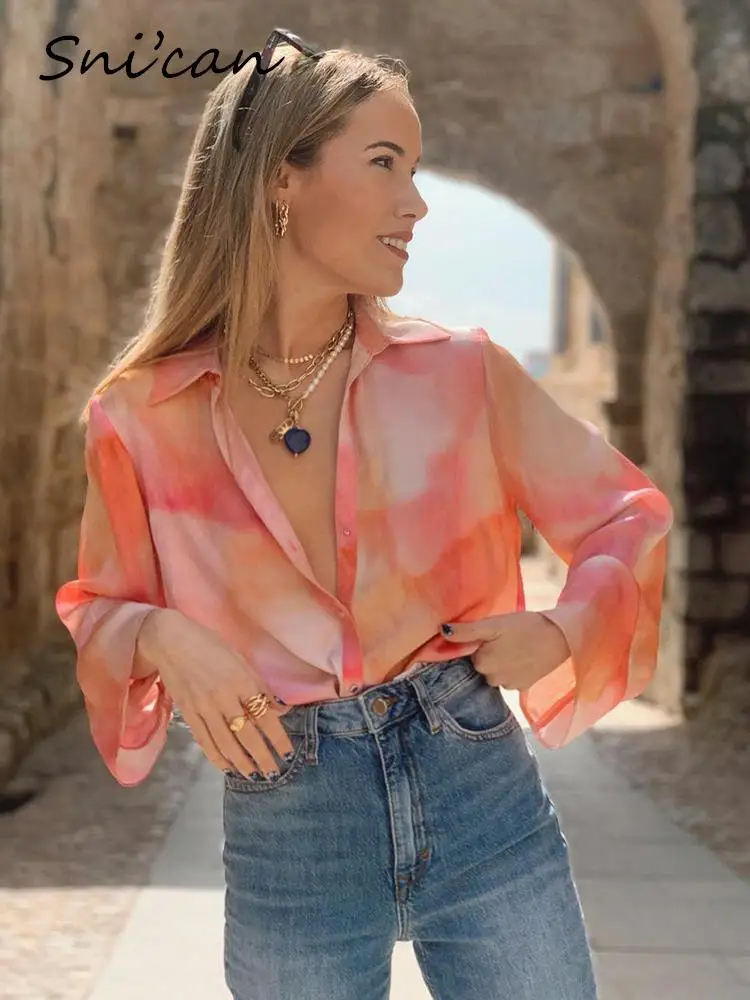 Pink Tie Dye Satin Blouse Women Fashion Long Sleeve Turn Down Collar Casual Office Ladies Shirts 2022 Female Chic Tops Chandails