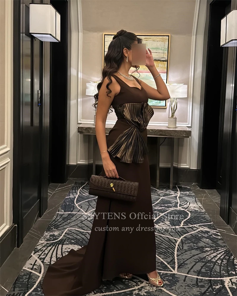 SSYTENS Brown Evening Dresses Mermaid Sleeveless Arabic Party Dress Women Prom Gown Bow Saudi Crepe Special Occasions Gowns