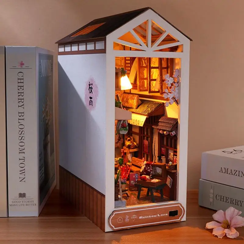 Japanese Style Book Corner Book Stand DIY Miniature Room Puzzle House Model Kits With LED Lights For Home Bookshelf Decor