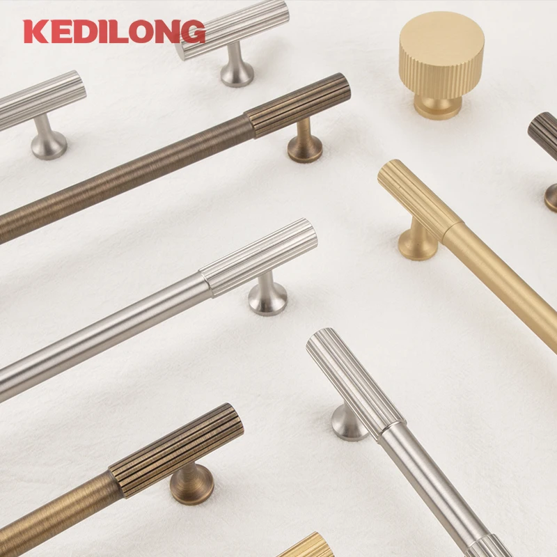 KEDLO European Luxury Solid Brass Gold Long Handle Vertical Pattern Vintage Bronze Knob Cabinet Drawer Nickel Brushed Handle