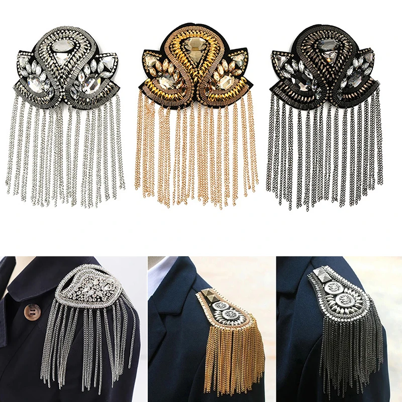 1PC Epaulette Brooch Pin Bead Long Tassel Chain Electroplating Decor DIY Men Women Bling Epaulette Clothing Shoulder Jewelry
