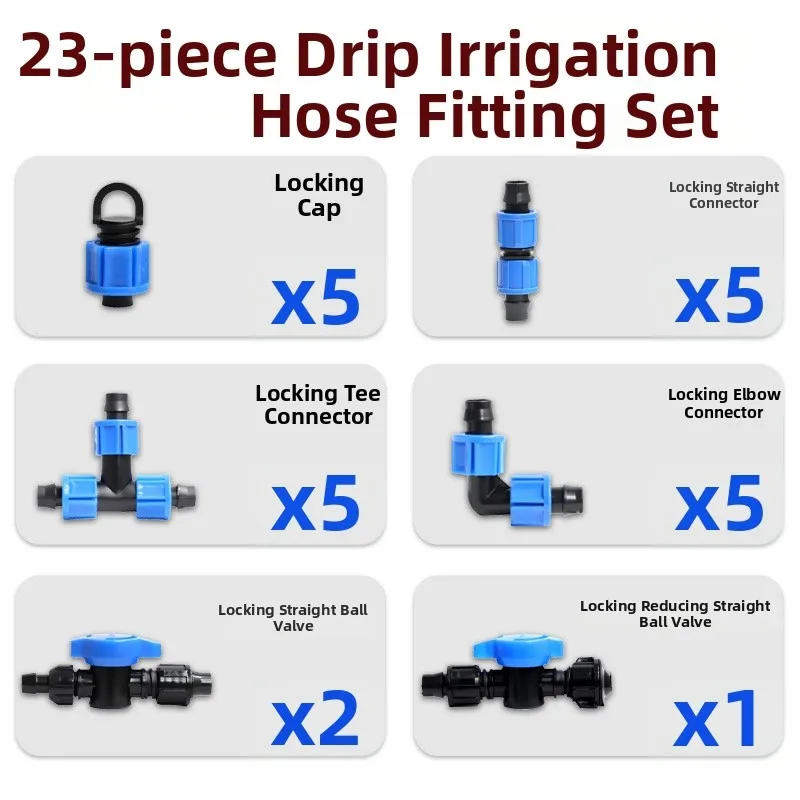 Drip Irrigation Accessory Set - Lock Style Connectors for For home Garden Systems - 50pcs Set or 23pcs Set with Ball Valves