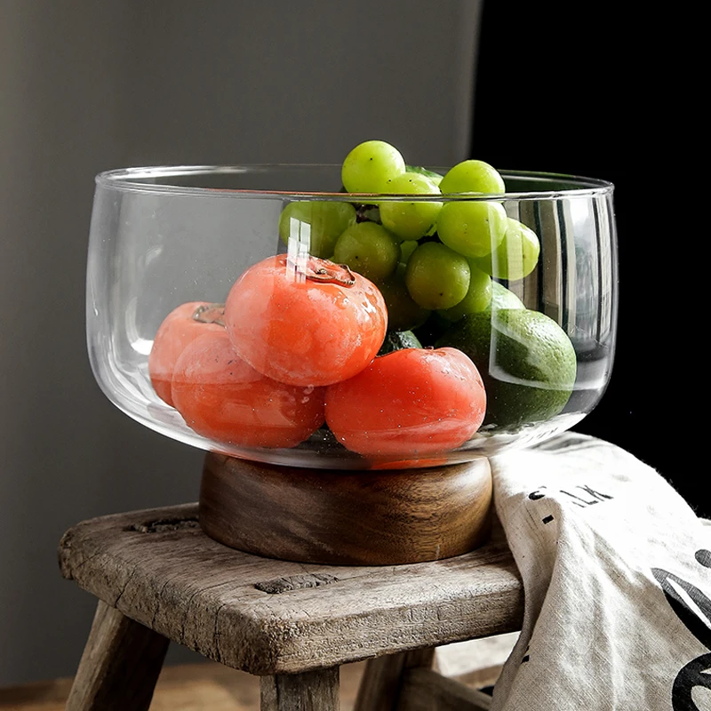 

Fruit Plate Clear Glass Salad Bowl Fruit Snack Bowl Food Serving Plate Storage Tray Glass Bowl with Wood Base Kitchen Tableware