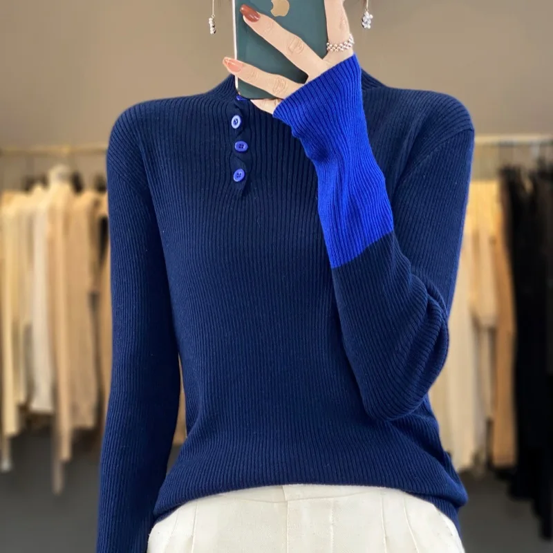 Fine Wool-like Turtleneck Single-Breasted Design Women's Base Shirt Fall Winter Fashion Popular Contrast Color Knitted Sweater