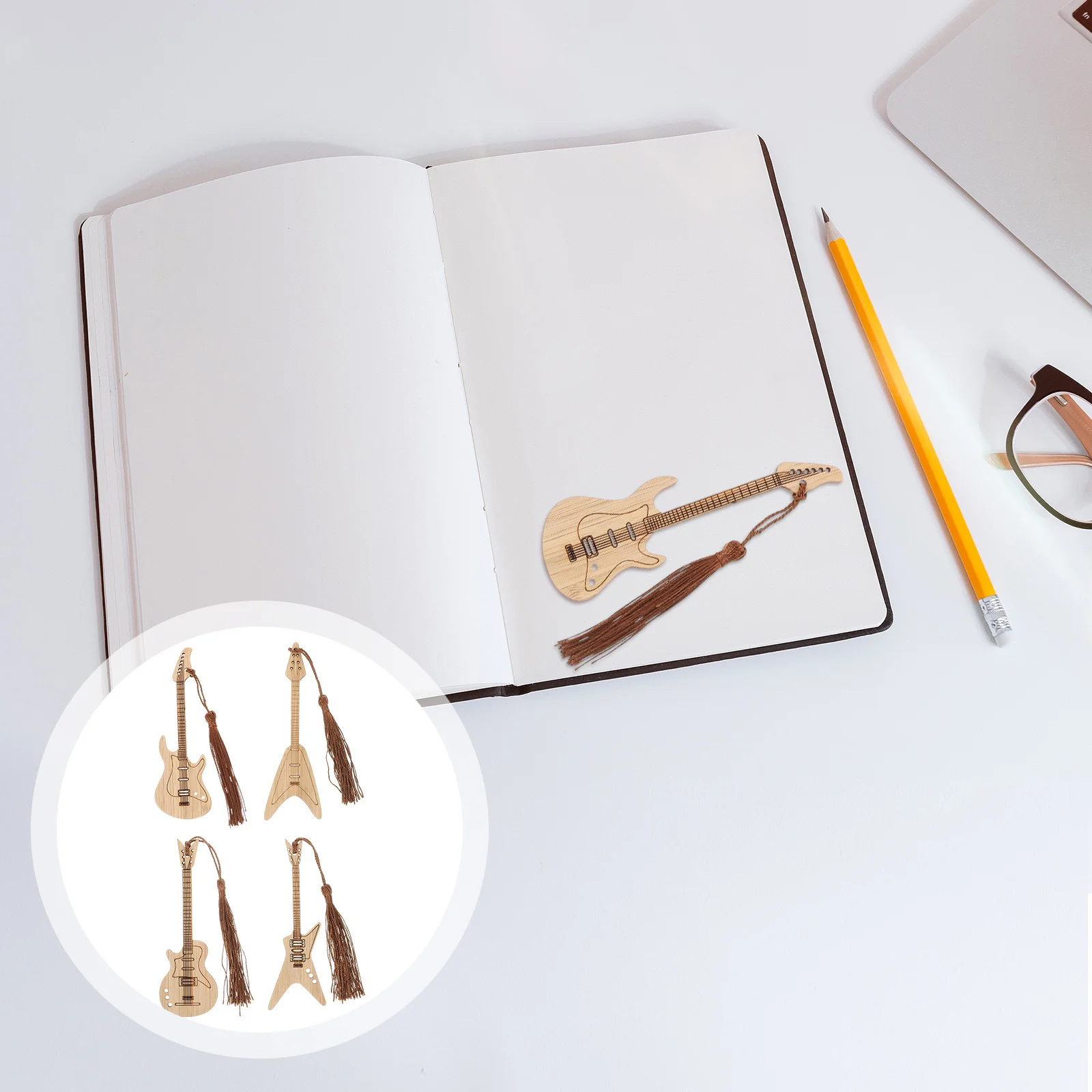 

4Pcs Guitar Shaped Bamboo Bookmark Set Creative Reading Book Marks Tassels Gifts for Students Writers Readers Book Marks