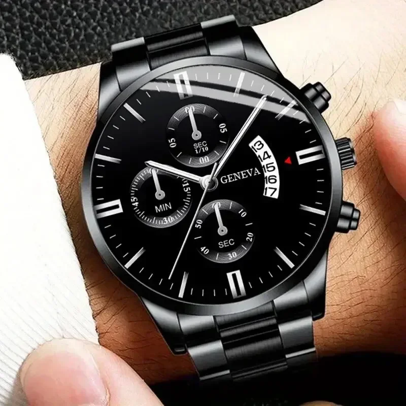 Relógio de quartzo de aço preto masculino com calendário, conjunto de joias masculinas, moda, negócio, sem caixa