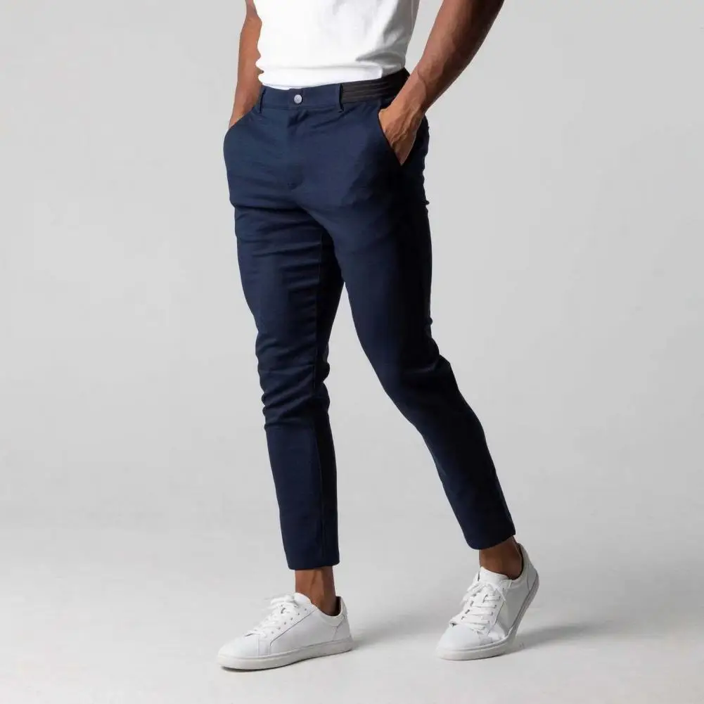 Men Business Pants With Pockets Slim Fit Stretchable Waist Button Zipper Placket Straight Leg Daily Wear Work Trousers 정식 긴바지