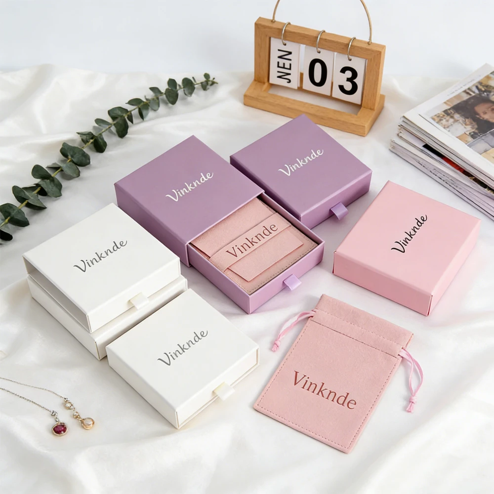 

50Pcs/Lot Custom Logo Jewelry Packaging Box with Microfiber Velvet Envelope Pouch Kraft Paper Drawer Necklace Earring Boxes Bags