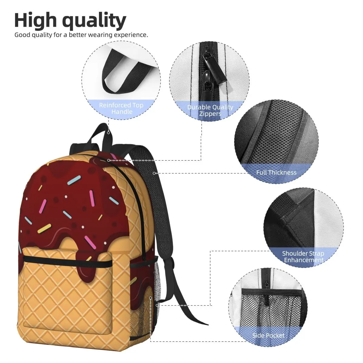 Ice Cream Waffle With Chocolate Backpack Daypack Large Capacity Children BookBag School Bag Shoulder Bags for Men Women