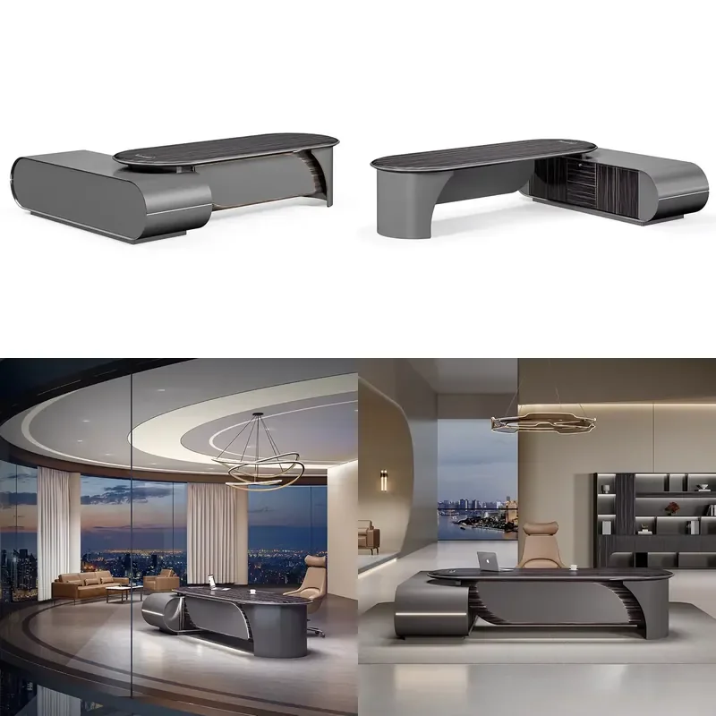 Unique Oval L-Shaped Executive Desk Modern CEO Office Desk with Side Cabinet for 2026