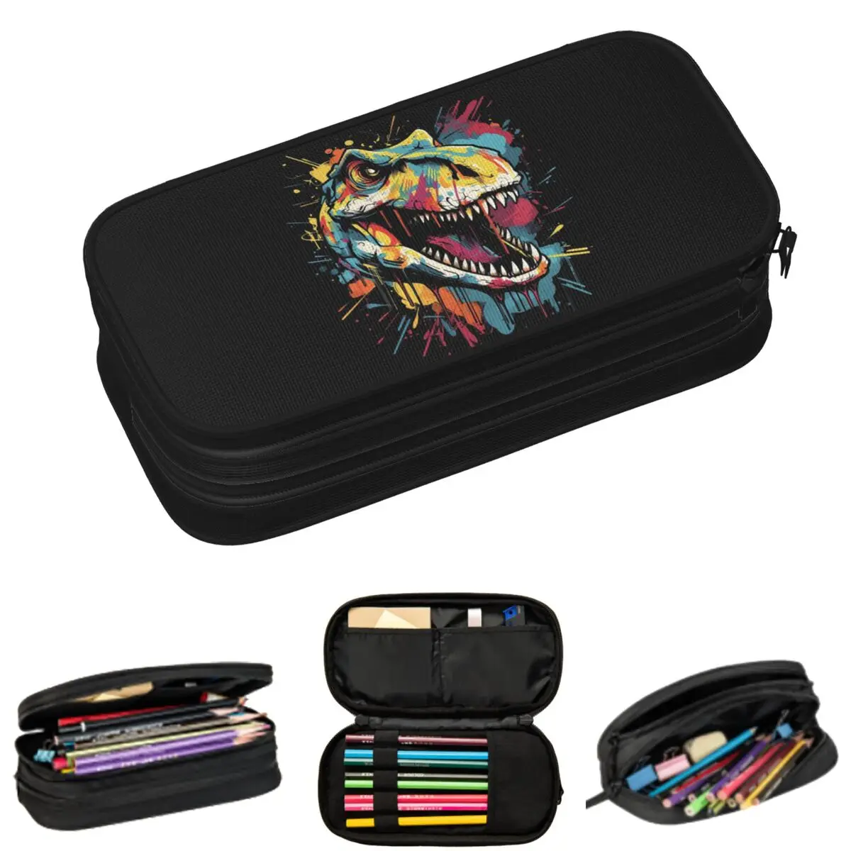 Vibrant Colorful Graffiti Dinosaur Themed Pencil Cases for Students Gifts Pen Box Pencil Bag Big Capacity Pencil Pouch