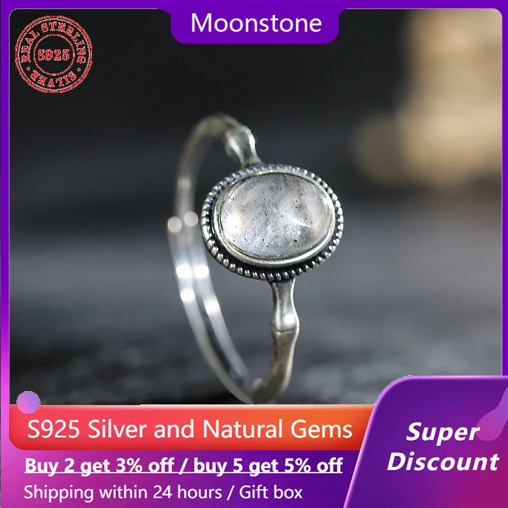 

Bamboo Design s925 Silver Ring Natural Mineral Moonstone Women's Ring High Jewelry Exquisite Couple Ring Party Birthday Gift