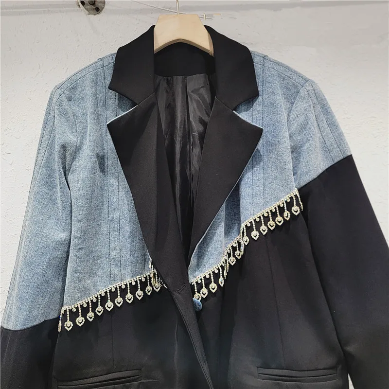 SuperAen Retro Style Chic Denim Patchwork Suit Jacket for Women 2024 Autumn New Fashion Blazer