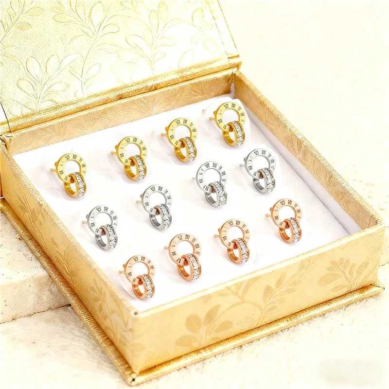 Roman Numeral Double Hoop Earrings Set  Crystal Stud Earrings for Women Fashion Jewelry 12 Pairs Boxed Gift Accessories