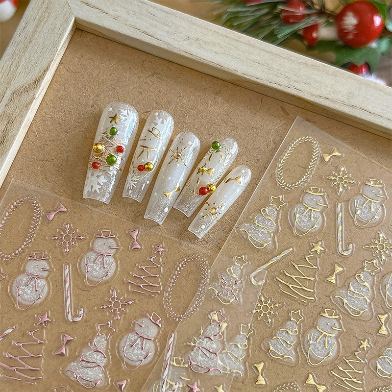 1Sheet Christmas Tree Nail Art Stickers Bow Snowman Walking Stick Delicate Line Rose Gold With Backing Nail Decoration