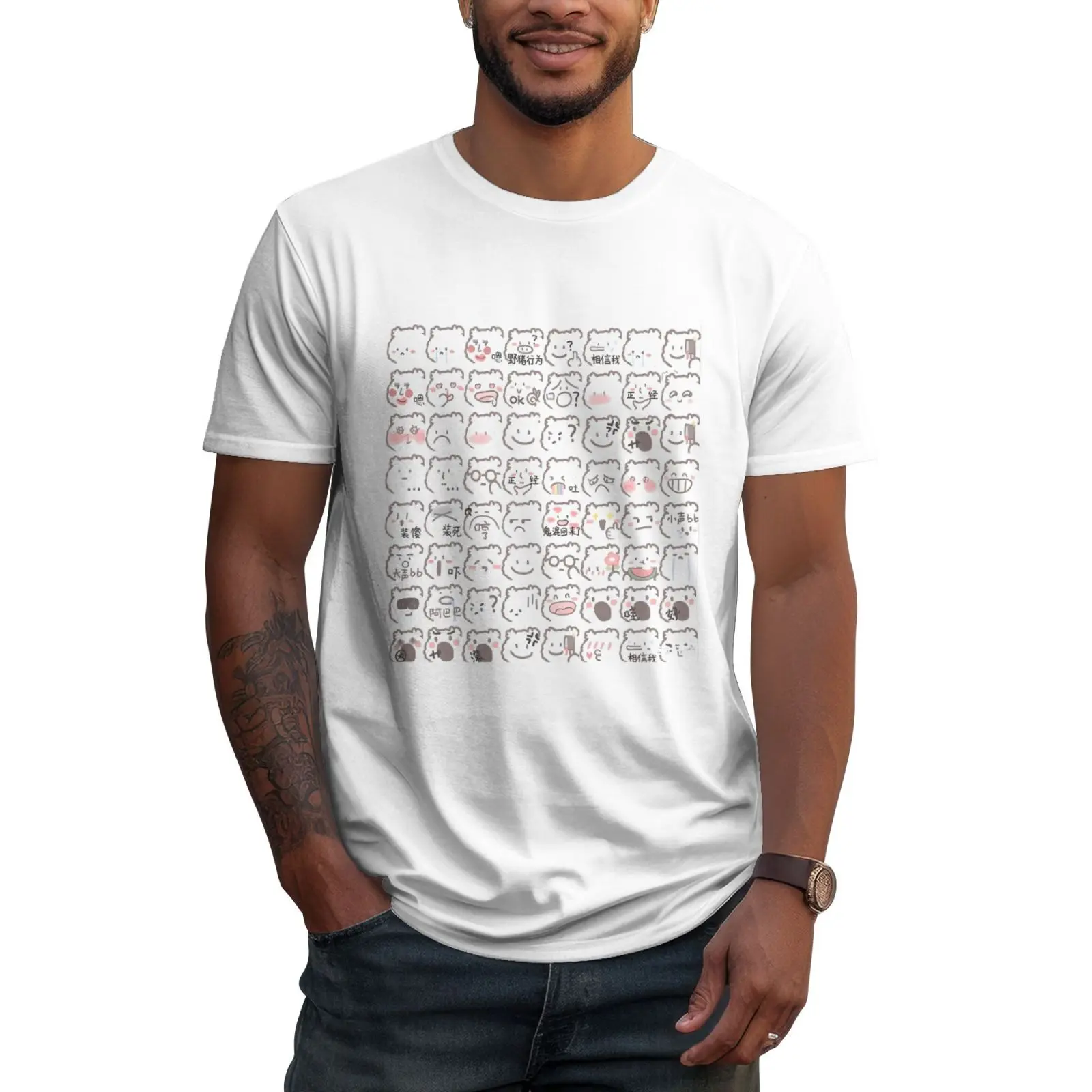 تي شيرت بأكمام قصيرة من مزيج القطن الرموز التعبيرية الصينية مع مطبوعات نقل الحرارة الرائعة - خفيف الوزن وجيد التهوية لعطلة نهاية الأسبوع والارتداء اليومي