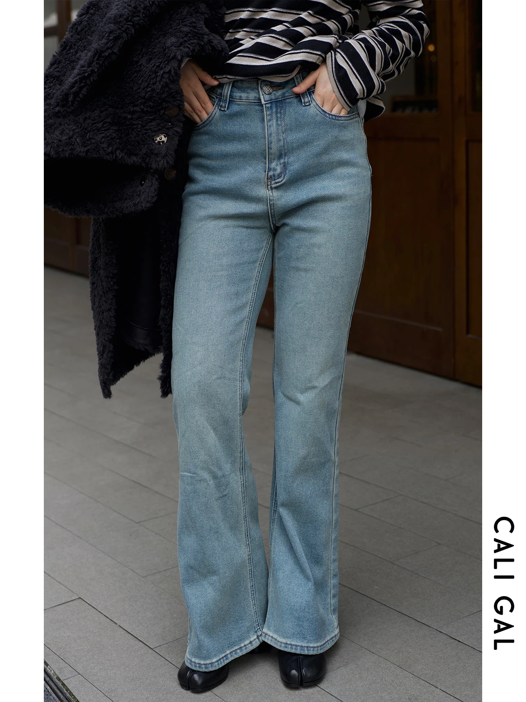 

Джинсы CALIGAL с высокой талией, с подкладкой, расклешенные, женские, повседневные, теплые, джинсовые брюки, с высокой талией, расклешенные, осенне-зимние, модные