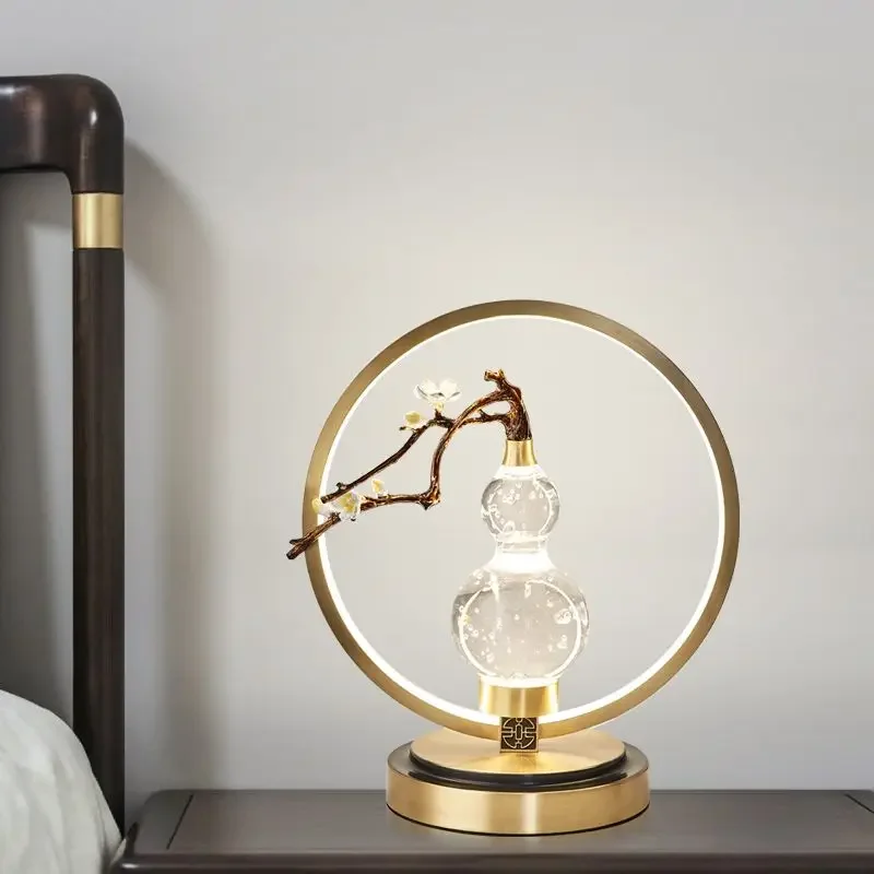 Light Luxury New Chinese Gourd Table Lamp - All-Copper Crystal Design, Suitable for Study, Teahouse & Bedroom