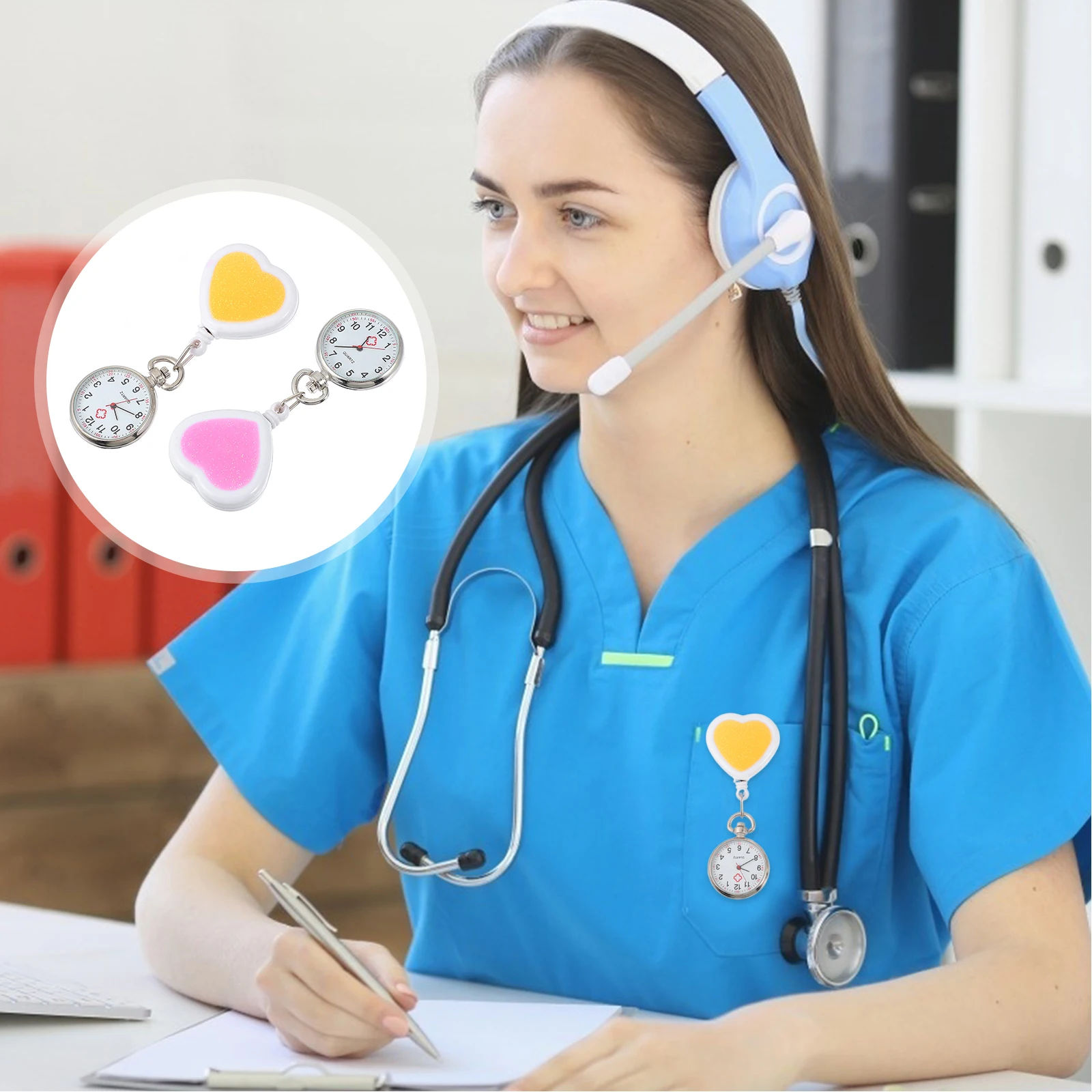

2 Pcs Retractable Pocket Watch Peach Heart Design Nurse Doctor Watches Quartz Clock Glass Alloy Practical Gift Students Nurses