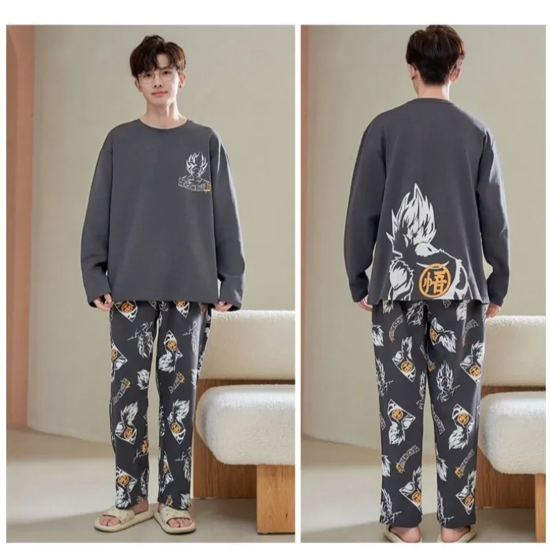 Cartoon anime Dragon Ball Goku Naruto pajamas pure cotton men's home suit set teenage boys long sleeved pants set Christmas gift