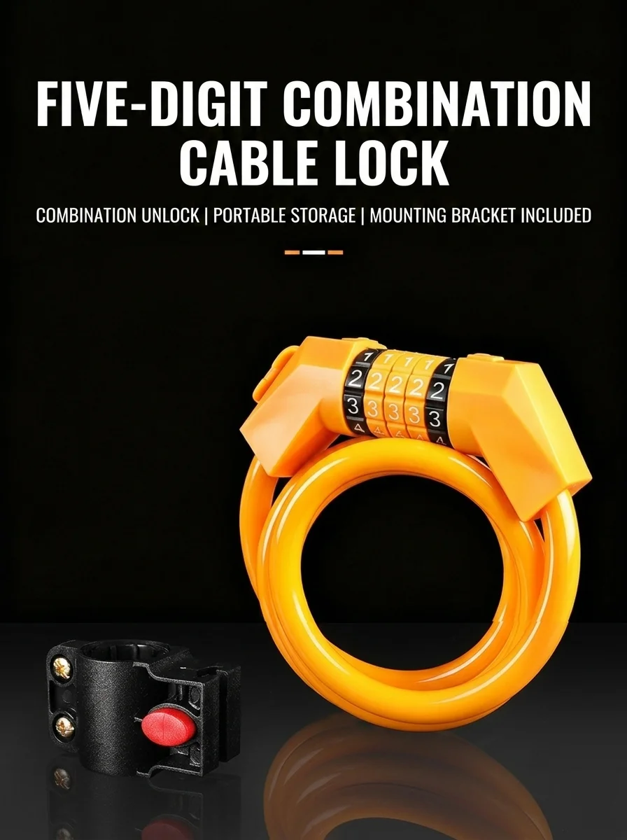 5-Digit Combination Bike Cable Lock Anti-Theft PVC Coated Steel Security Lock with Bracket for Bicycle Scooter E-Bike Stroller