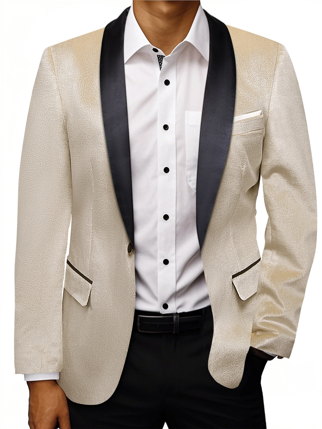 Glitter Textured Men Tuxedo Jacket, Champagne Solid Jacquard Satin Shawl Lapel Slim Blazer for Formal Occasions