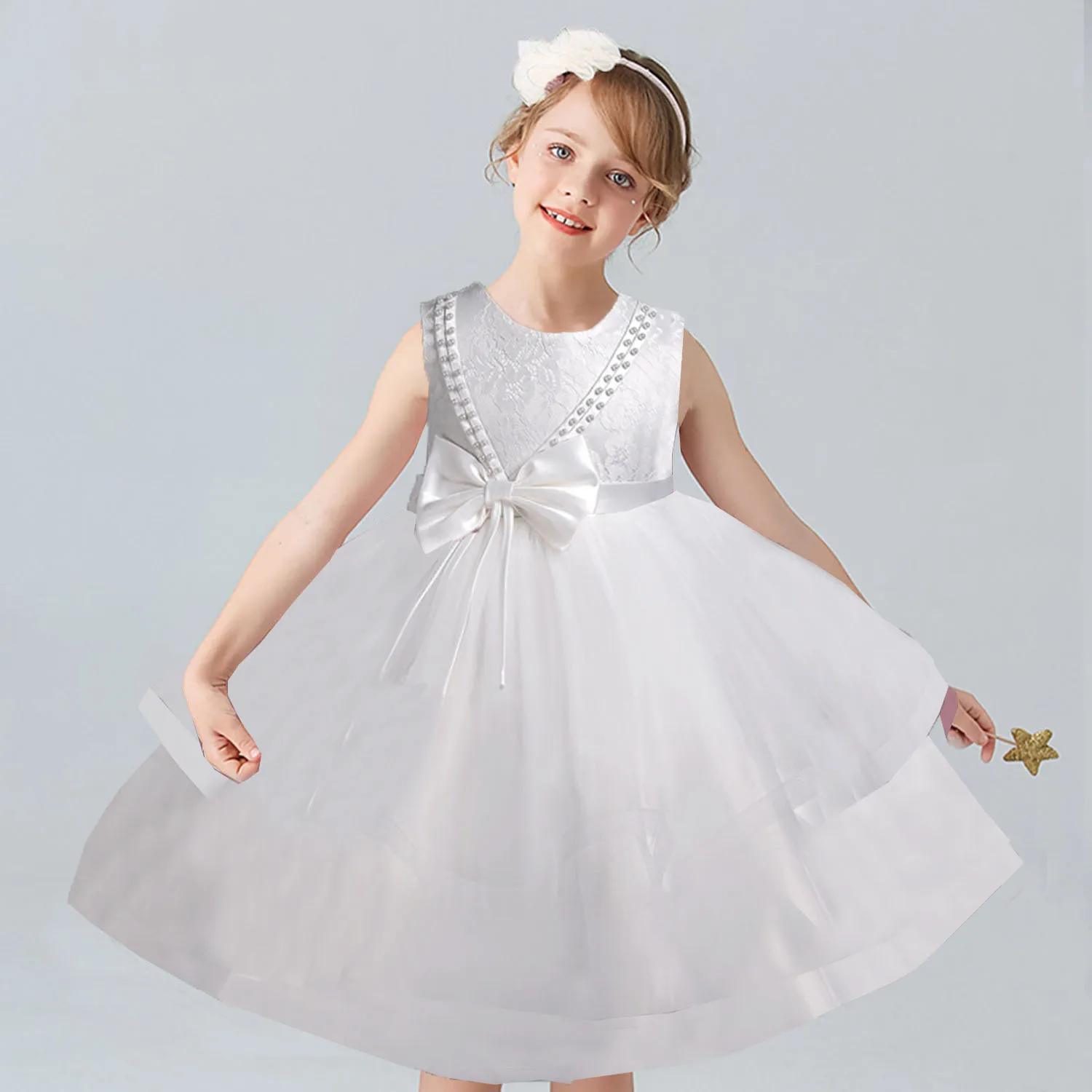 Vestido brilhante com pérolas e flor de tule para meninas, vestido para crianças, feriado e festa de aniversário, garotinhas grandes, 2 a 10 anos