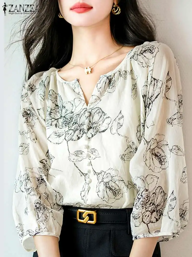 Fashion Women Floral Printed Blouse ZANZEA Summer V Neck 3/4 Sleeve Party Blusas Buttons Tops Tunic Female OL Work Shirt Mujer