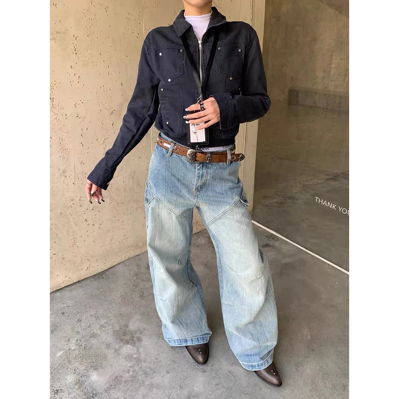 

ZHIZOU женские синие джинсы-карго мешковатые винтажные эстетические ковбойские брюки с высокой талией Harajuku джинсовые брюки Y2k Trashy одежда 2000-х годов