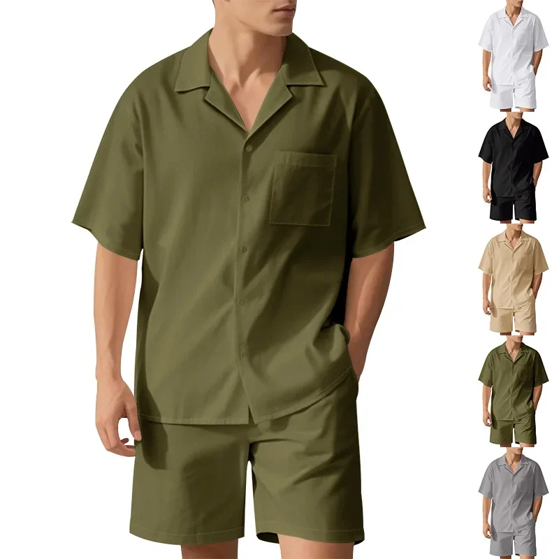 

American Summer New Fashion Men's Loose Casual Trendy 2 Piece Sets Turn-down Collar Short Sleeve Singlr-breasted Shirts Shorts