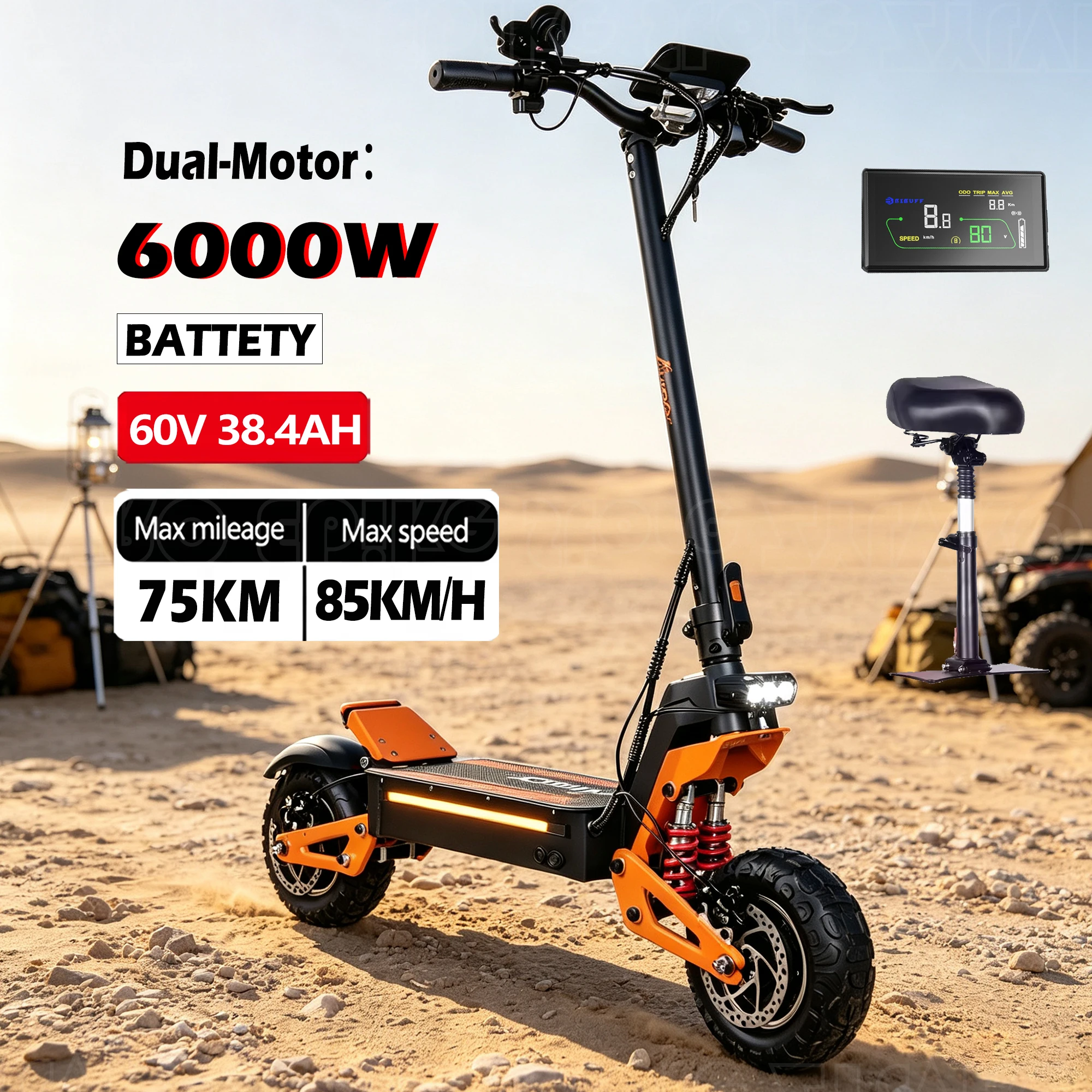 Mou X5 6000W 60V 38AH Elektroroller mit Doppelmotor, Höchstgeschwindigkeit 90 km/h, Hydraulischer Bremsen, LCD-Display, Maximale Reichweite 90 km, E-Scooter