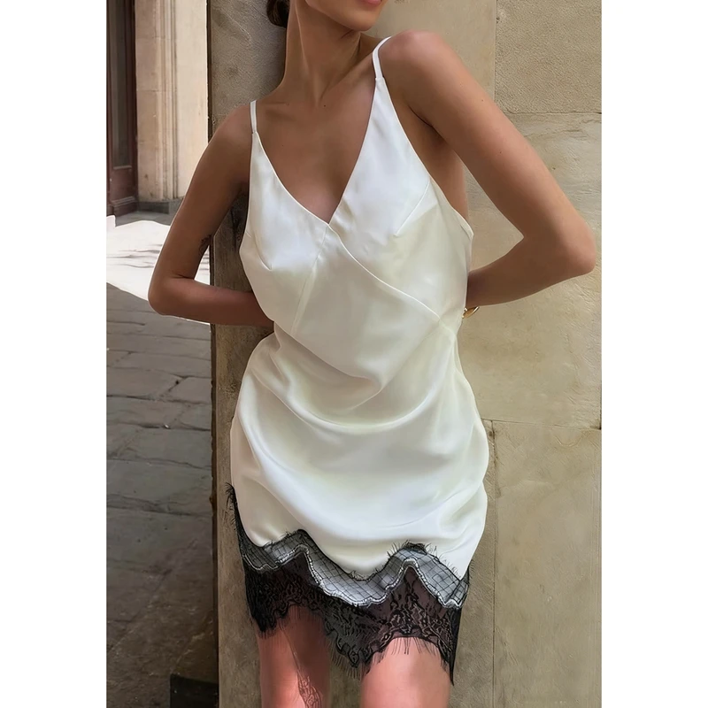 

Women Slim Fit Y2k Backless Mini Dress Sleeveless Spaghetti Straps V Neck Floral Lace Hem Patchwork Satin Silky Dress