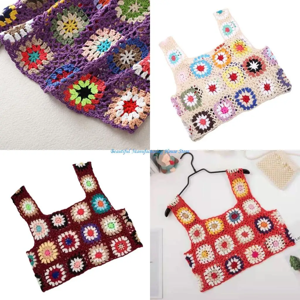 

E56A Women Beach Sleeveless Crop Top Hollow Crochet Colorful Plaid Floral for Tank Ve