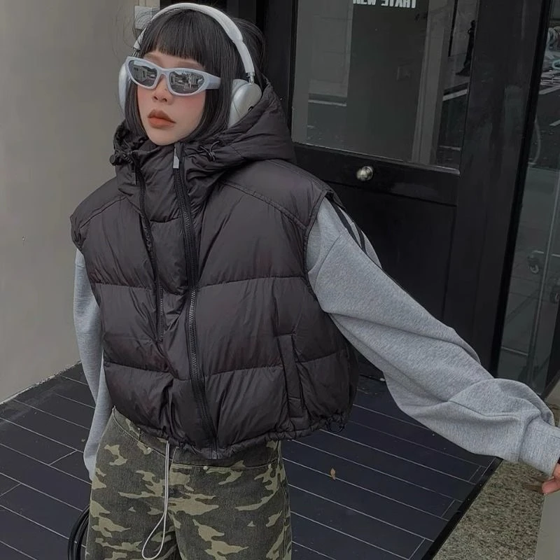 Autumn Winter Short Down Cotton Waistcoat Women 2025 New Fashion Loose Casual Hooded Cotton Vets Zipper Outerwear Female