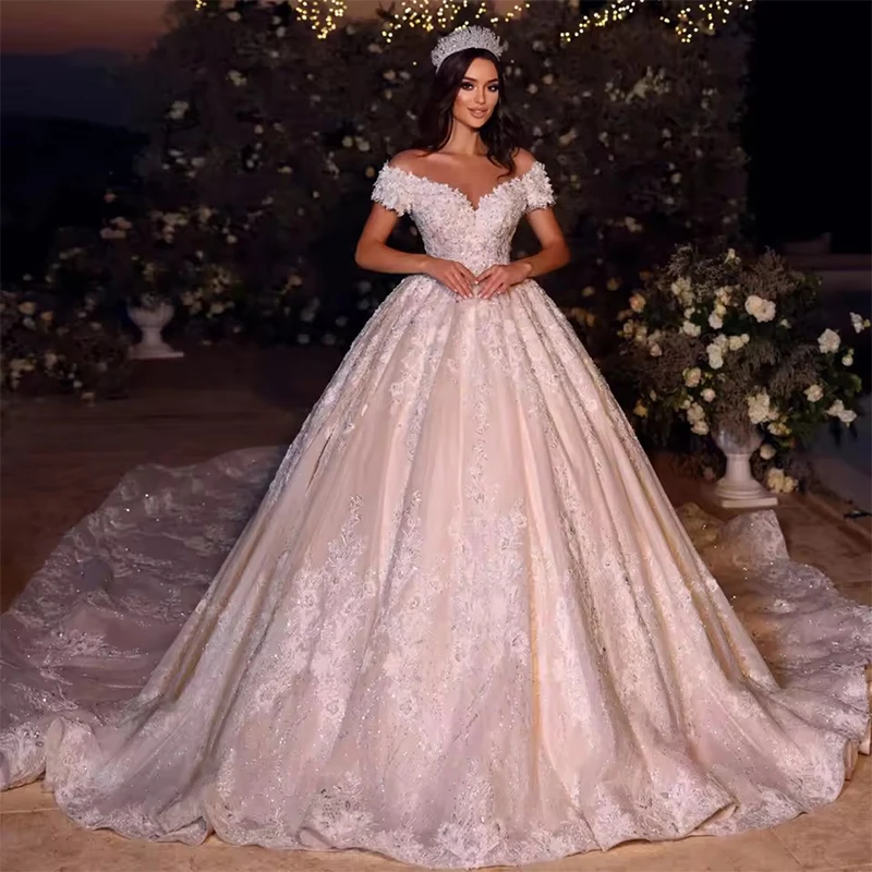 

Graceful Wedding Dress 3d Flower With Embroidered Lace Ball Gown Sleeveless Boat Neck Customized Bride Dress Vestido De Novia