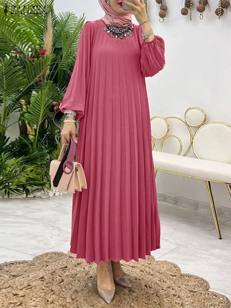 

2025 ZANZEA Elegant Muslim Abaya Hijab Dresses Fashion Women Long Lantern Sleeve Pleated Party Dress IsIamic Vestidos Robe Femme