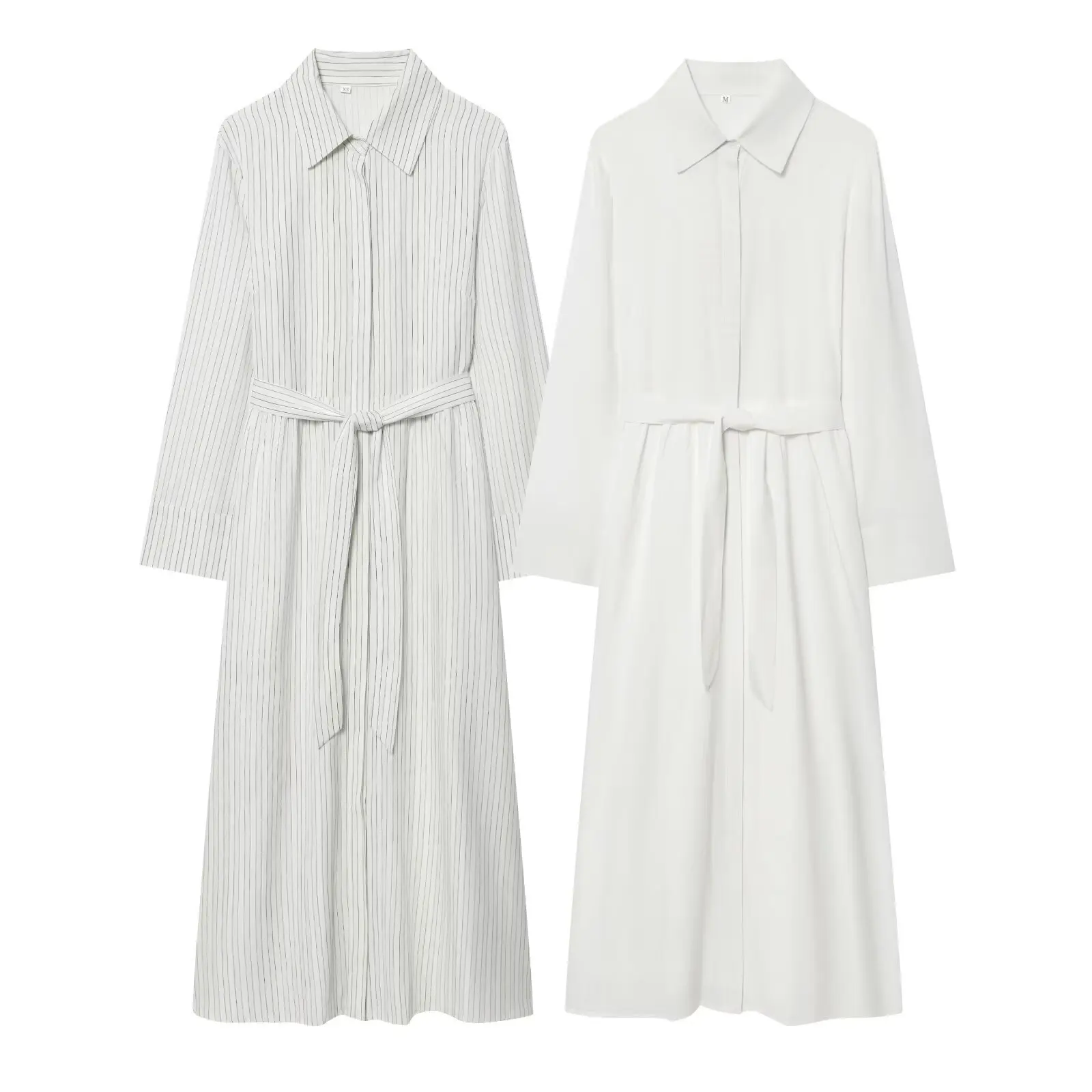 Elegant White Belted Shirt Dress For Women Classic Collared Neckline Long Sleeve Waist Smooth New Style Perfect For Daily 2NR5