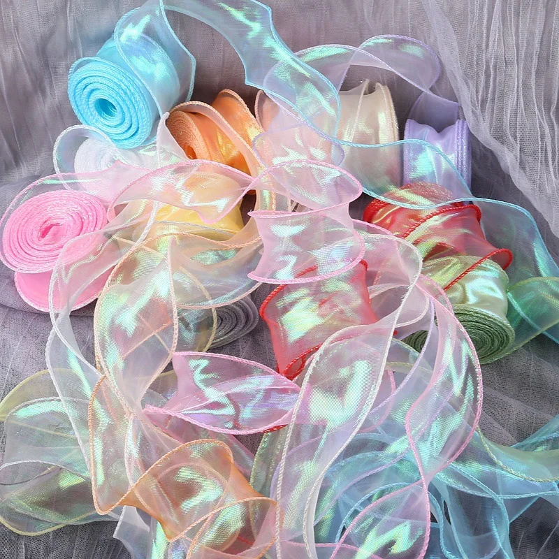 4CM Iridescent Fish‑Tail Tulle Ribbon, DIY Bow Satin Tape, Pearl‑Shiny Ribbon for Floral Art Gift Wrapping Decoration Supplies