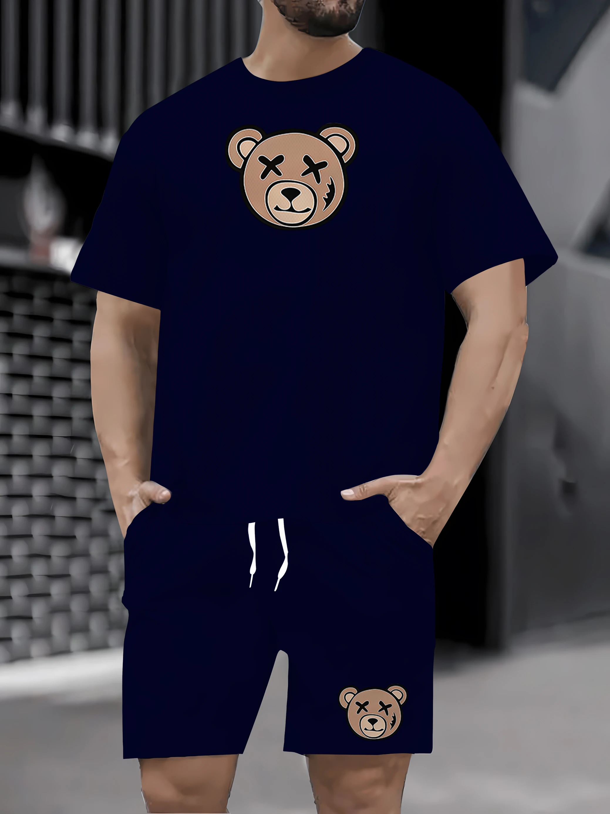 

Лето 2022, новый комплект с принтом медведя, мужской дорожный комплект для покупок, быстросохнущая рубашка + спортивные шорты, упражнения для бега