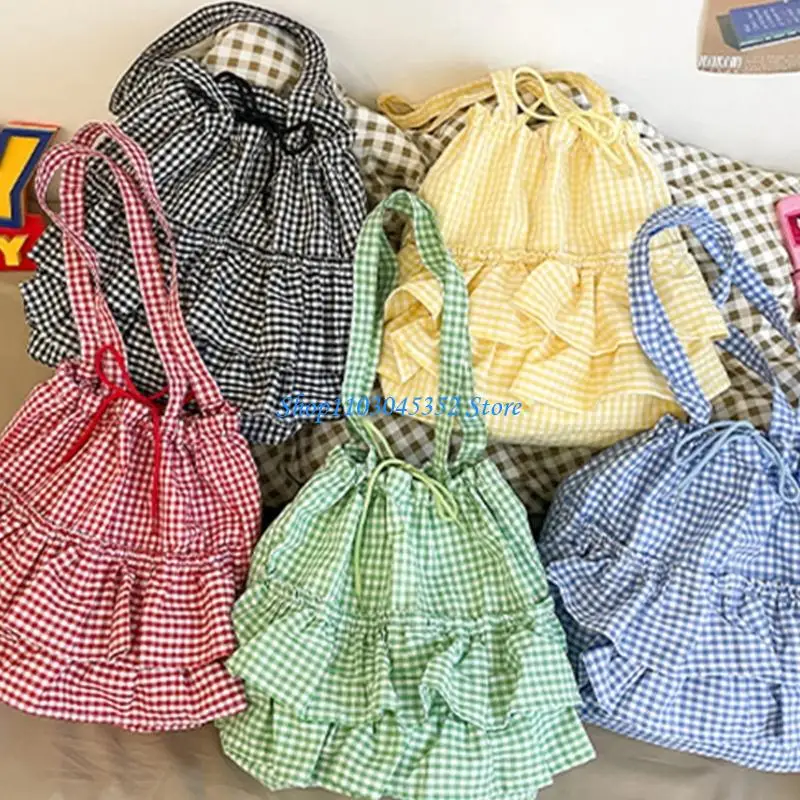 

Women Bag Ruffle Plaids Armpit Bag Shopping Bag Drawstring Handbags Korean Shoulder Bag Simple Underarm Bag