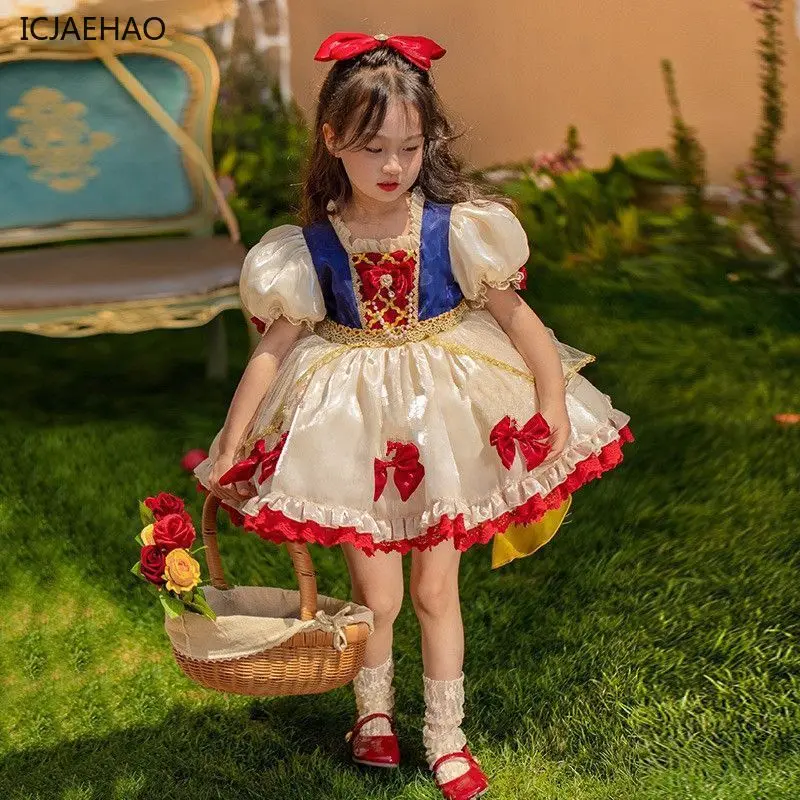 ICJAEHAO 2024 Luxury Bubble Sleeve Princess Dress Square Lolita Kids Girls Dresses with Bow Children Role Playing Costume Frock