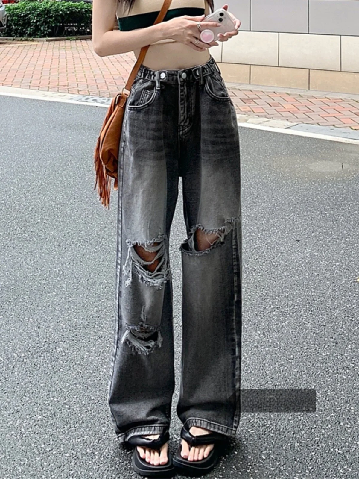 

American Retro Hole Denim Pants Women Winter New High Street Loose High Waist Slim Wide Leg Pants Casual Daily Wear