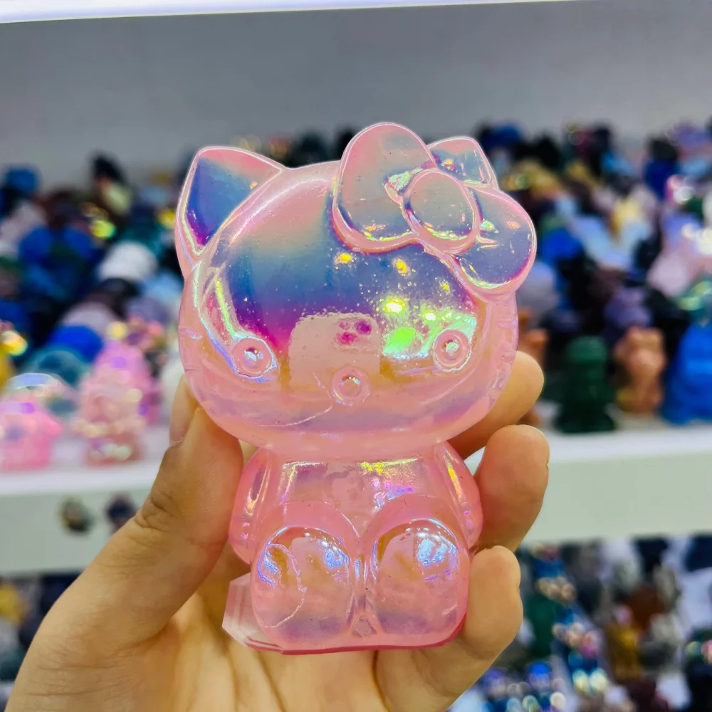 8cm Sanrio Hello Kitty KT Cat Natural Rose Quartz Carving Polished Healing Figurine Home Decor Craft Gift