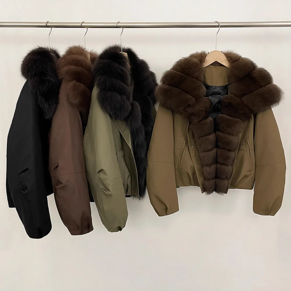 

Elegant White Goose Down Jacket Loose New Real Fox Fur Collar Autumn Winter Women Natural Fur Down Coat Warm Belt Puffer Jacket