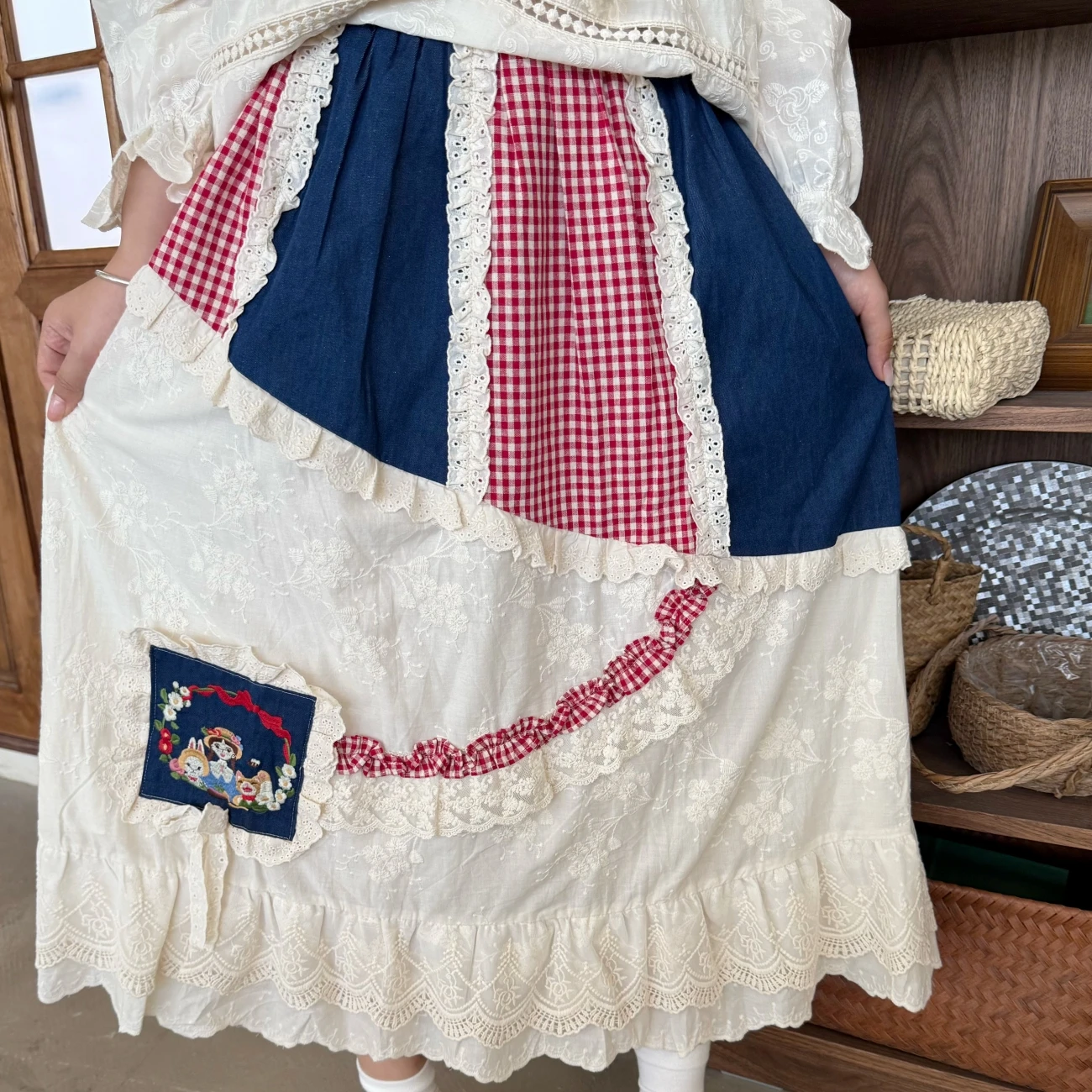 

Женская джинсовая хлопковая лоскутная клетчатая кружевная винтажная юбка-миди 2021, корейская длинная юбка Mori Girl Sweet Lolita, милая длинная юбка в стиле рококо Goblincore