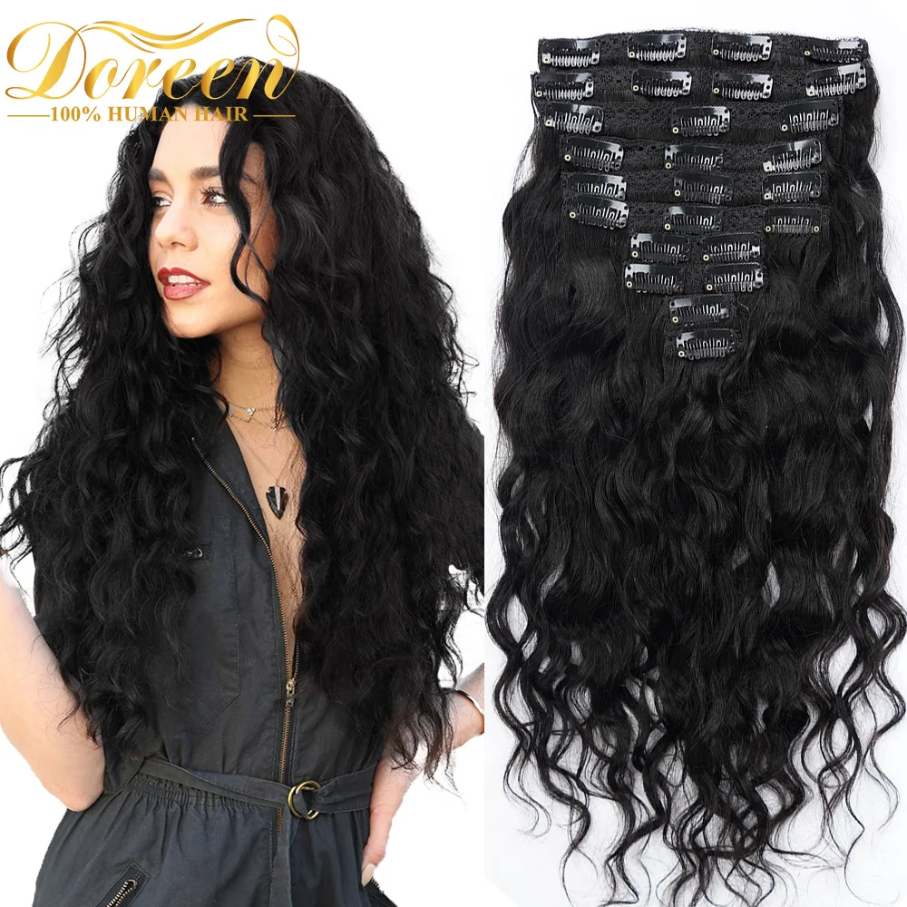 Extensions de cheveux naturels Remy ondulés-DOREEN, cheveux humains, 14 à 22 pouces, bouclés, densité 200g, ensemble de 10 pièces