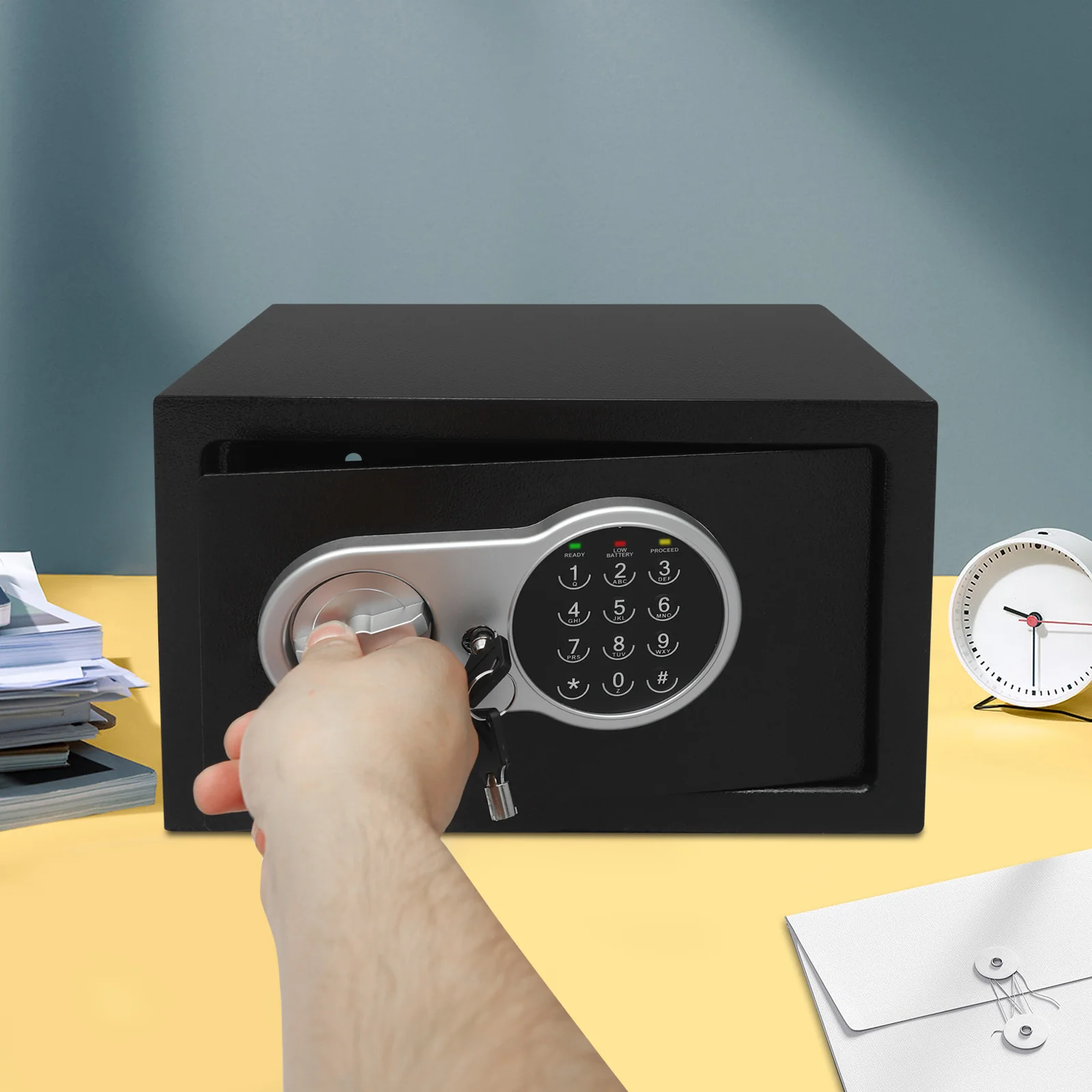 Cassetta di sicurezza in acciaio per deposito di sicurezza 31X20X20 cm Cassetta di sicurezza con serratura digitale con chiavi 3-8 cifre password 2 * Cassetta di chiavi