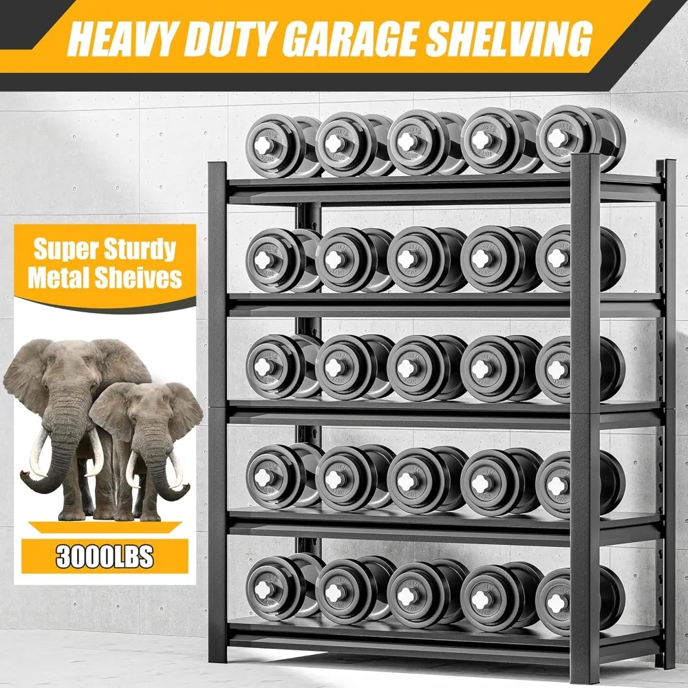 رف جراج مقاس 72 بوصة Hx48 Wx24 D مكون من 5 طبقات، سعة 3000 رطل، أرفف تخزين شديدة التحمل، سهلة التجميع قابلة للتعديل من المعدن المقاوم للصدأ